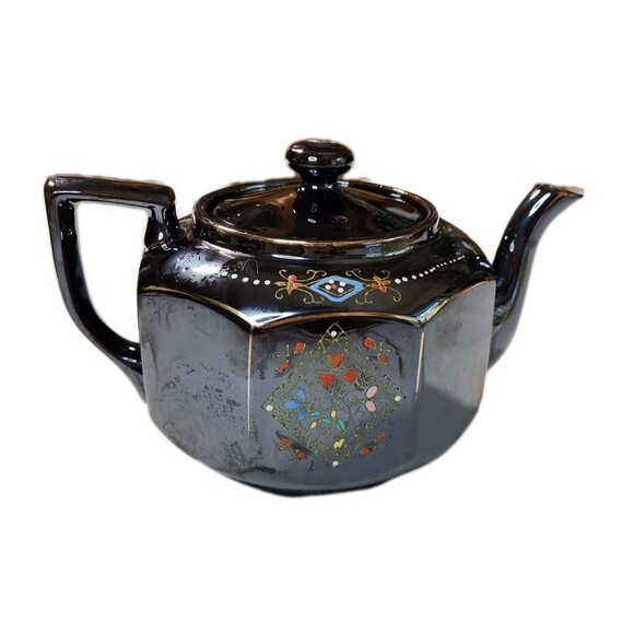 Vintage Japanese Teapot Brown Glazed Gold Trim Hand Painted 8 Sided Ceramic - Picture 3 of 16